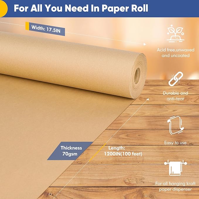 Vanhench Brown Wrapping Paper Roll, Craft Kraft Paper 17.5"x 1200"(100') for Gift Wrapping Bulletin Board Arts Bouquet Flower Table Covering Poster Packing Shipping Christmas Supplies 70GSM 50LB