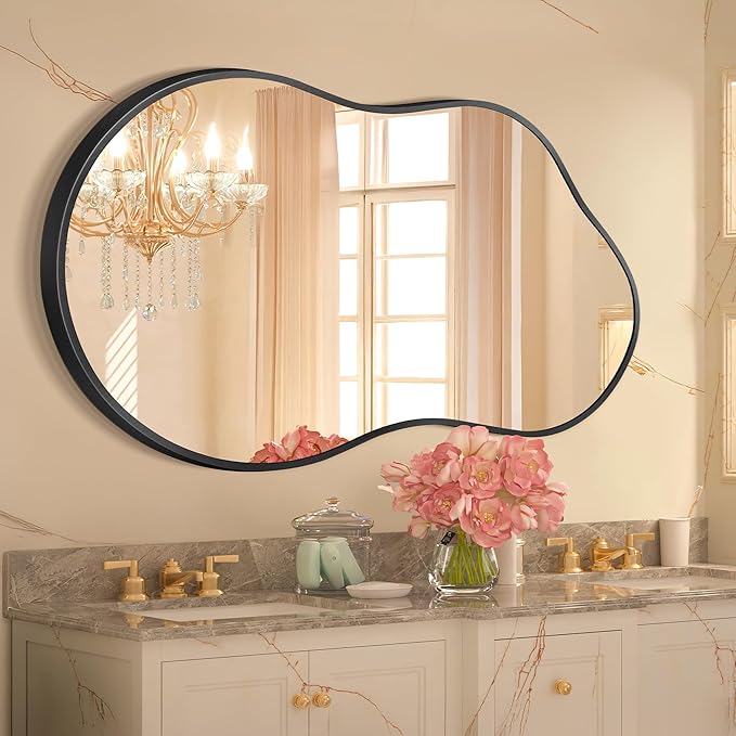 Dorlicecass Irregular Wall Mirror - Wall Mirrors Decorative 24"x36" Black Asymmetrical Mirror Tempered Glass Aviation Aluminum Alloy Frame for Bathroom, Bedroom, Living Room, Cloakroom, Entryway