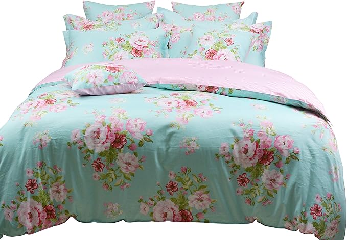 FADFAY Shabby Floral Duvet Cover Set Pink Grid Cotton Farmhouse Bedding with Hidden Zipper Closure 3 Pieces, 1duvet Cover & 2pillowcases,Queen Size
