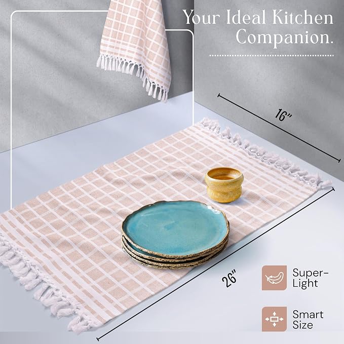 Matrix Dobby Kitchen Towels 4 Pack 100% Cotton, 16"x26", Handmade Knotted Tassel Dish Towels, Reusable & Washable Cloths for Drying, Absorbent Tea Towel for Cleaning - Beige, White