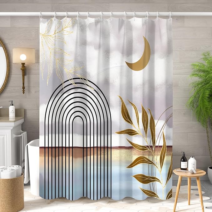 Mid Century Boho Shower Curtain Abstract Modern Minimalist Geometric Arch Bathroom Curtain Gold Leaves Aesthetic Waterproof Bath Decor Polyester Fabric with Hooks 48x72 inch