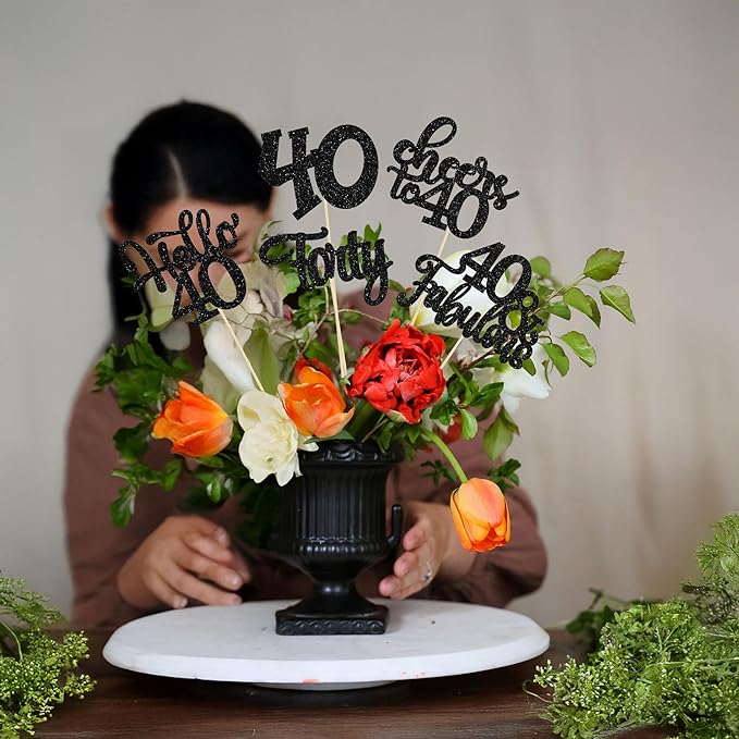 Gyufise 15Pcs 40th Birthday Centerpiece Sticks Forty Happy 40th Table Flower Centerpieces Sticks Cheers to 40 Floral Decorations for 40th Birthday Party Centerpieces Supplies Black