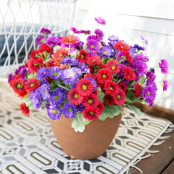 HyeFlora Dahlia Artificial Flowers for Outdoors Decoration, 6 Bundles Fake Daisy Faux Flowers Plants Realistic UV Resistant Silk Flowers for Outside Planter Front Door Yard Garden Indoor Home, Mix
