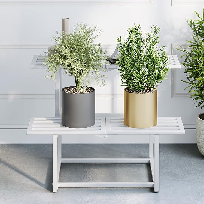 Plant Stand Indoor Outdoor, Foldable Metal Plant Shelf for Multiple Pots, Mid Century Slatted Bench for Patio Garden, Heavy Duty Capacity 330 lbs 2 Tier White
