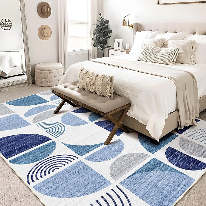 MUJOO Blue Rug Boho Washable,6x9 Area Rugs for Living Room Bedroom Dining Room,Large Throw Floor Carpet Non Slip Soft Modern Abstract Navy Blue