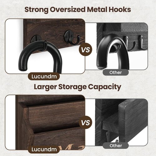 Mail and Key Holder | Decorative Wall Key Hanger - 9.8" x 12.5" Real Paulownia Wood with 2 Mail Slots & 3 Hooks (Brown)
