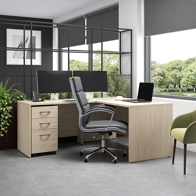 Bush Business Furniture 60W x 30D L Shaped Desk with Mobile File Cabinet, Corner Table and Drawers for Home or Professional Office, Studio C Collection, Natural Elm