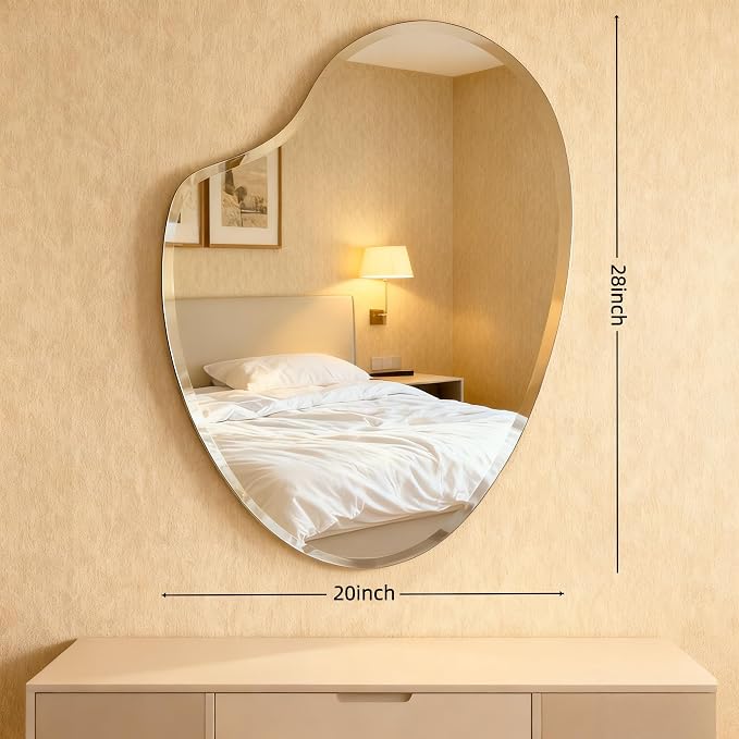 Frameless Asymmetrical Heart Shaped Wall Mirror, 20x28 Inch Beveled Edge Decorative Vanity Mirror for Bathroom, Bedroom, Entryway