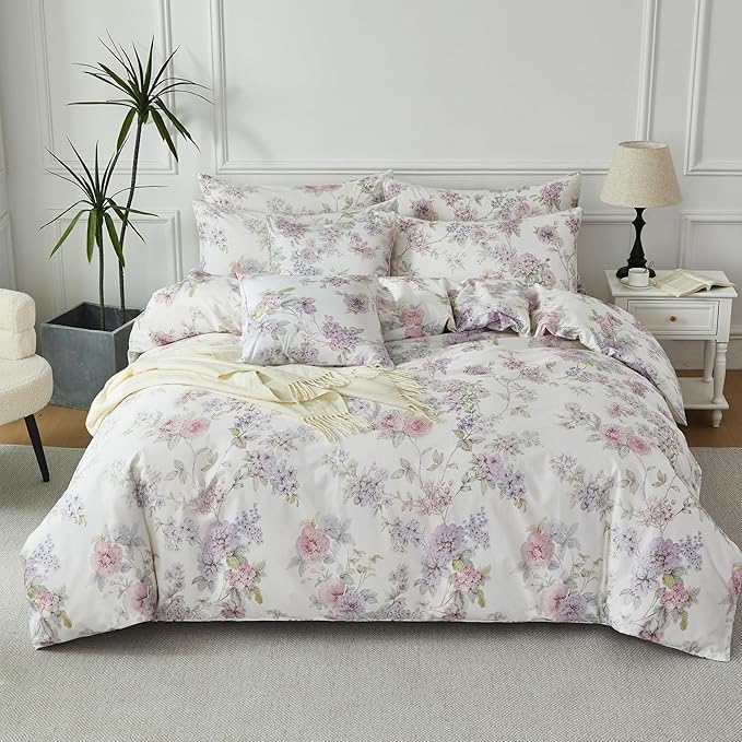 FADFAY 100% Cotton Duvet Cover Set King – Ultra Soft, Breathable & Elegant Floral Bedding for All Seasons, 3-Piece Comforter Cover with Hidden Zipper and Corner Ties