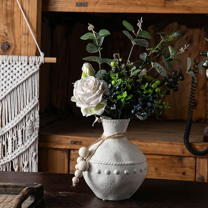 Rustic Ceramic Vase with Boho Wooden Beads, Matte Decorative Pottery for Modern Farmhouse and Bohemian Decor, Floral Arrangements, Living Room, Dining Table Centerpieces