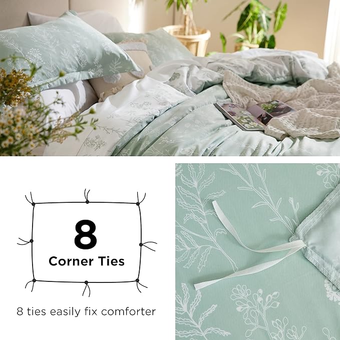 Bedsure Duvet Cover Full Size - Reversible Sage Green Full Duvet Cover Set with Zipper Closure, 3 Pieces Cute Floral Patterned Bedding Set with 8 Corner Ties and 2 Pillow Shams