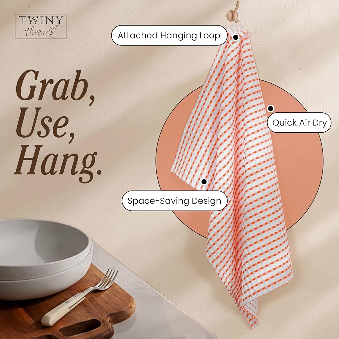 TWINY threads Waffle Dish Towels 4 Pack, 100% Cotton 16x26 Kitchen Hand Towel Pack, Highly Absorbent & Quick Dry Dishcloth Set for Drying Dishes, Cleaning Counters & Everyday Use, Orange, White