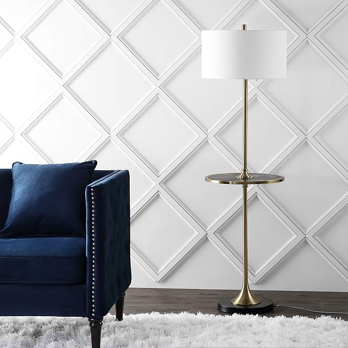 JONATHAN Y 59" Black/Brass Gold Floor Lamp with Integrated Wood Side Table, Contemporary Metal Standing Lamp for Living Room, White Linen Shade, LED Bulb Included, UL Listed JYL3056A