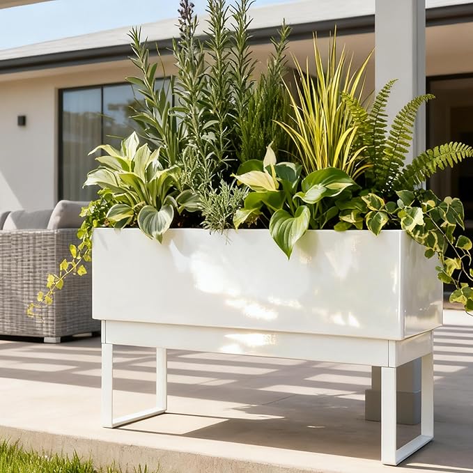 Worth Raised Metal Planter Box with Legs, 30"x12.5"x24" Elevated Garden Bed for Indoor & Outdoor Use – Glossy White Galvanized Steel Planter with Drainage Hole & Plug for Vegetables, Flowers & Herbs