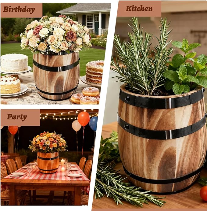 Sunmuliiiy1Pcs Wood Wine Barrel Vase 8" x 6.5" Rustic Wooden Flower Vase Rustic Barrel Barrel Planter for Wedding Reception Table Decoration Home Indoor Outdoor Garden, Kitchen, Party Table Decoration