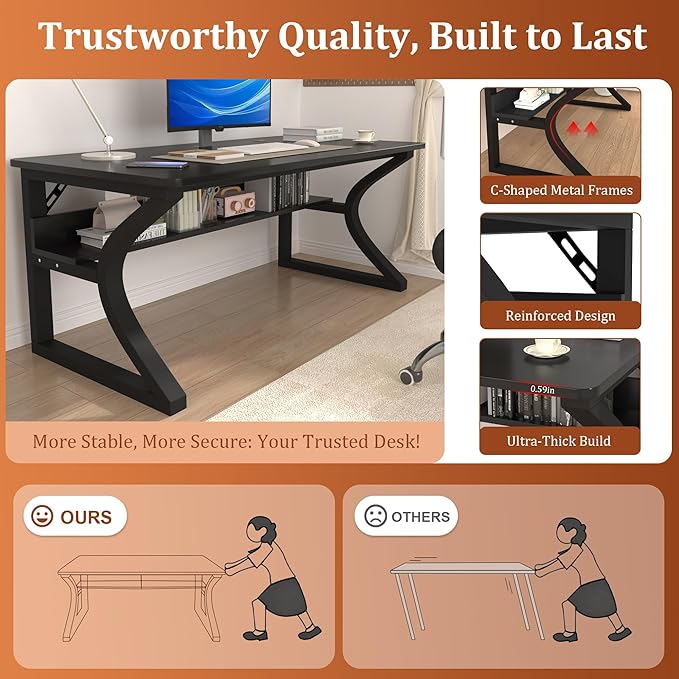 AZN Computer Desk, 55'' Computer Desk, Home Office Desks w/Storage, Home Office Desks w/U-Size Metal Frame for Home Office Bedroom, Study Writing Work Table w/Water-Resistant, Scratchproof Surface