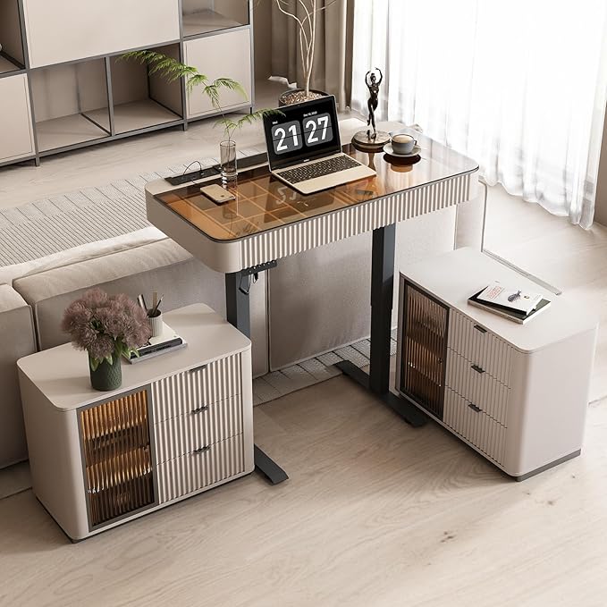 Lartis Office Desk, Electric Standing Desk with Built-in Outlets, Tempered Glass Top Modern Office Computer Desk with 2 Side cabinets (Pale Pink, 47)
