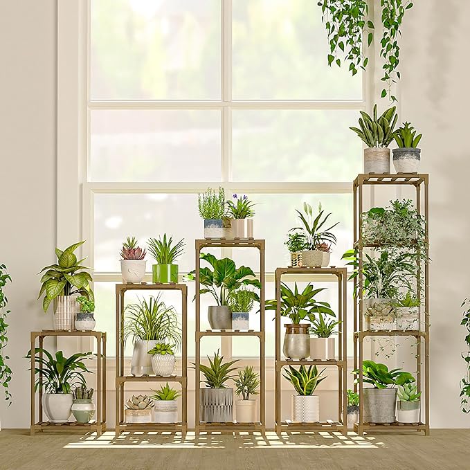 Bamworld Plant Stands Indoor 5 Sets Plant Shelves Outdoor Wooden Plant Holder for Multiple Plants Flower Stands for Living Room Balcony Garden Patio Lawn Window