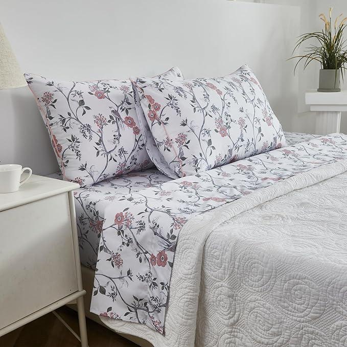 FADFAY Sheets Set Cal King Rustic Bird Floral Bed Sheets Set Vintage Botanical Bedding Shabby Branches Leaves Bedding Collections 100% Egyptian Cotton 17.7" Deep Pocket 4Pcs, California King Size