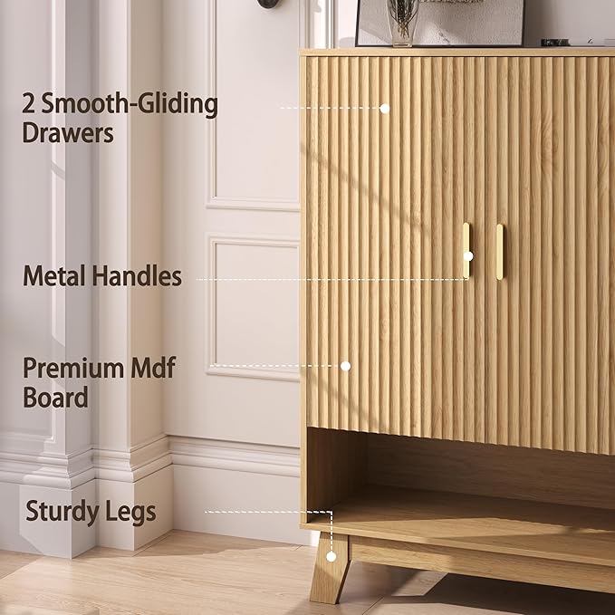 BOXACTION 4-Tier Fluted Shoe Cabinet with 2 Doors & Open Shelf, Mid Century Modern Shoe Storage Organizer with Adjustable Shelves, Metal Handles & Wood Legs, Hidden Shoe Rack for Entryway, Hallway