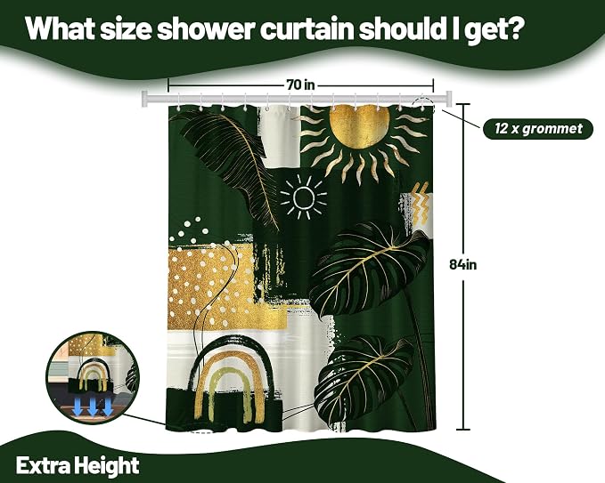 Green and Gold Mid Century Modern Shower Curtain Bohemian Abstract Shower Curtains for Bathroom Decor Sets, Waterproof Cloth Fabric with Hooks, 72x84 Inch