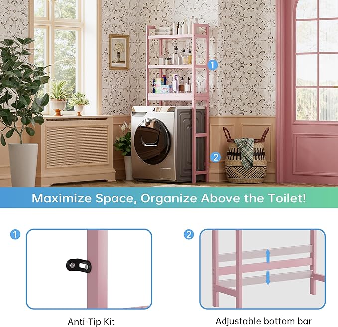 SMIBUY Bathroom Storage Shelf, Bamboo Over-The-Toilet Organizer Rack, Freestanding Toilet Space Saver with 3-Tier Adjustable Shelves (Pink)