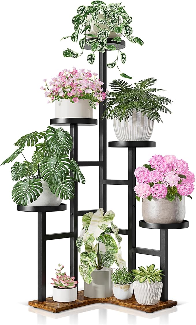 5 Tiered Plant Stand Indoor with 7.1 Inch Wide Tray, Corner Metal Plant Stand Outdoor Tall Flower Holder Stand, Tall Rack for Display Shelf for Patio Porch Office LivingRoom - BlackDisk