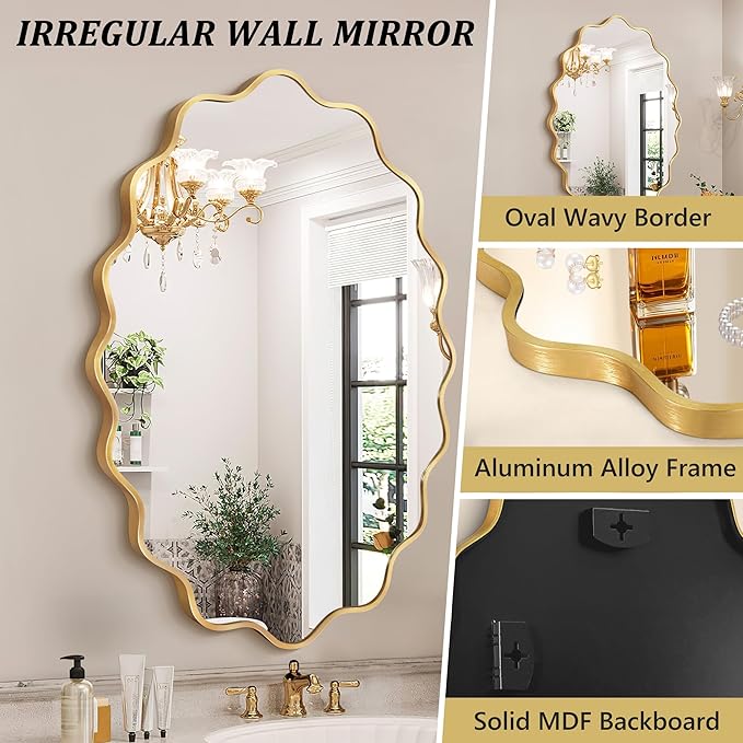Oval Wavy Wall Mirror -Irregular Wall Mirror with Gold Asymmetrical Aluminum Alloy Frame,24"x36" Decorative Wall Mirrors for Bathroom, Bedroom, Living Room, Dining Room，Entryway
