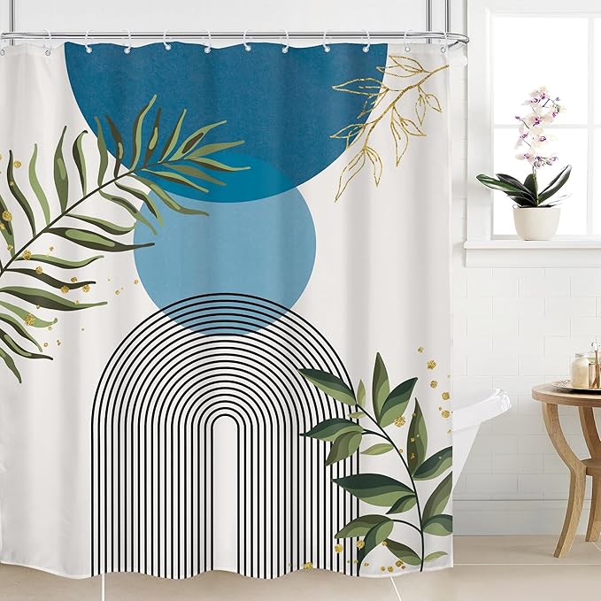 Blue Boho Modern Shower Curtain Mid Century Abstract Gold Green Leaves Sun Arch Minimalist Geometric Aesthetic Plant 60Wx72H Bathroom Decor Neutral Bath Curtain Fabric Polyester 12 Pack Hooks