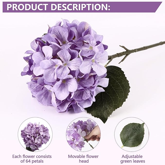 4 Pcs Long Stem Big Size Artificial Hydrangea Flowers for Home Wedding Decor, Party Centerpieces, Office Decoration,Shower (Violet Purple)