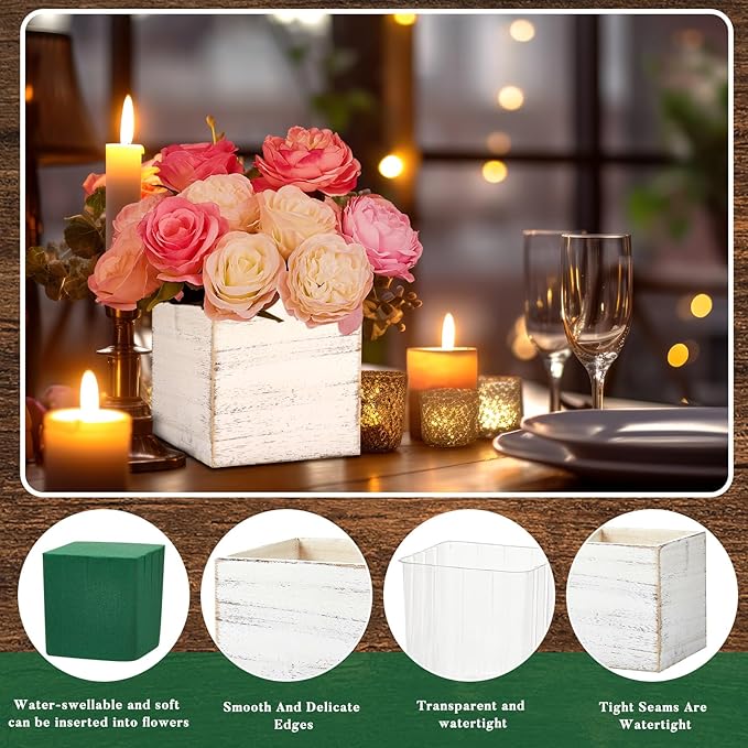 Dandat 4 Sets Wooden Cube Planter Boxes for Centerpiece 4 Inch Flower White Wood Rustic Square Vase with Removable Plastic Liner Floral Foam Block for Garden Wedding Christmas Home Arrangement Decor