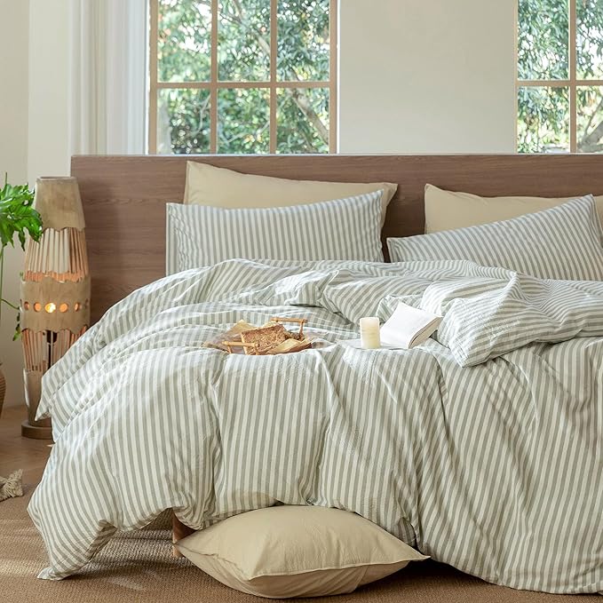 MooMee Striped Duvet Cover Set 100% Washed Cotton Linen Like Textured Breathable Durable Soft Comfy (Sage Green White Classic Stripes, Oversized King Plus 128"x120")