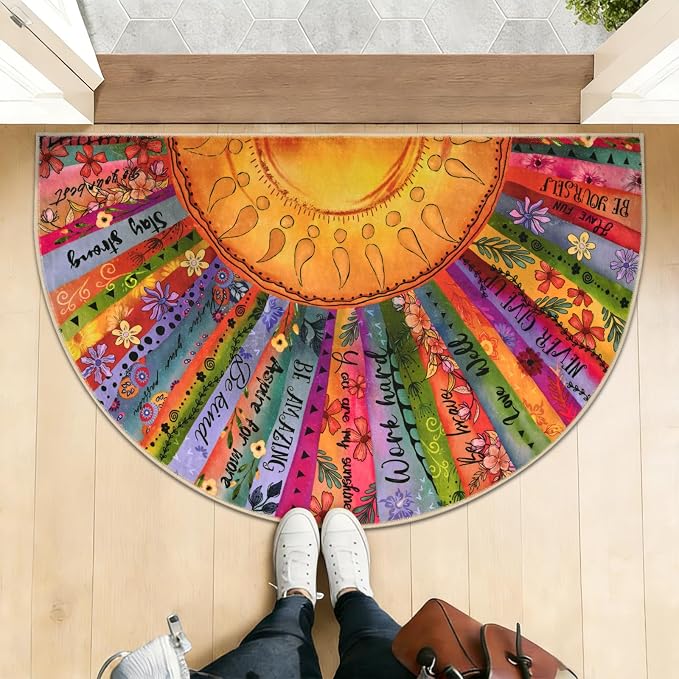 Likiyol Sun Entryway Rug 2x3 Small Rug, Half Circle Door Mat Indoor Entrance Inspirational Non Slip Rugs for Entryway, Washable Soft Faux Wool Throw Rugs Carpet for Entry, Kitchen, Bathroom, Low-Pile