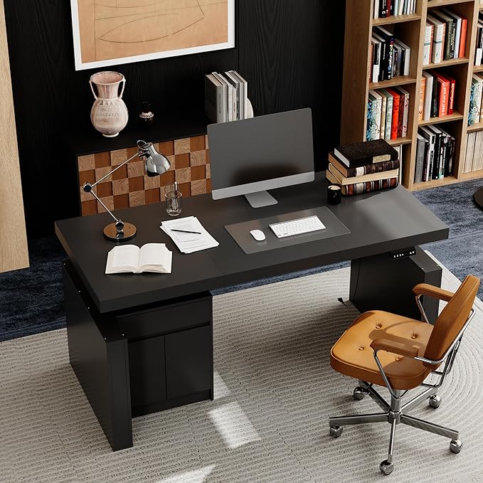MOUMON 70.9” Electric Standing Desk with Drawer, Height Adjustable Executive Computer Desk with File Storage for Home Office, Sit Stand Desks, Black, 70.9”W x 31.5”D x 29.5”-44.1”H