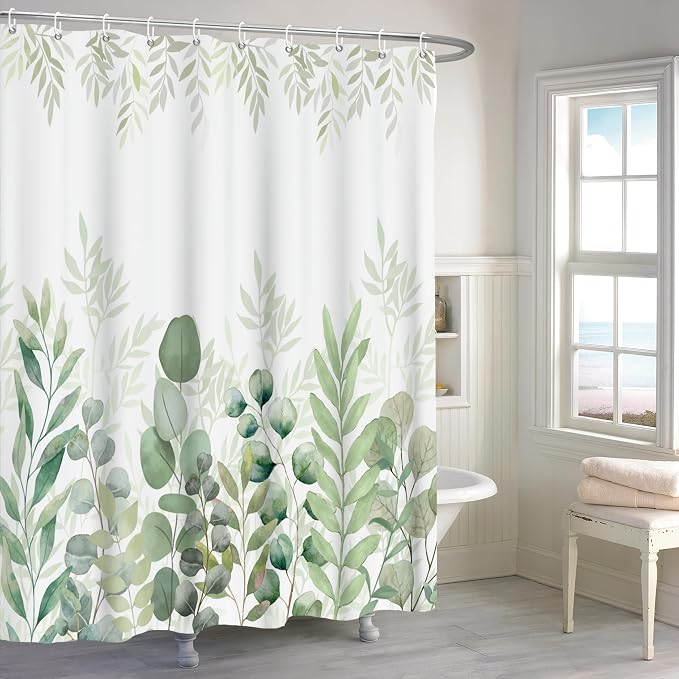 Sage Green Eucalyptus Shower Curtain Leaf Plant Herbs Spring Nature Waterproof Fabric Machine Washable with Hooks for Bathroom Bathtub Decor 72x72