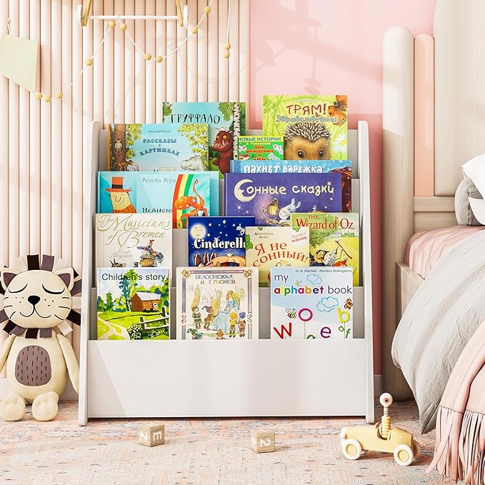 Costzon 4-Tier Kids Bookshelf, Front Facing Children Bookcase with Deep Compartments, Magazine Storage Rack for Kids Bedroom, Playroom, Nursery, Classroom, Kindergarten (White)