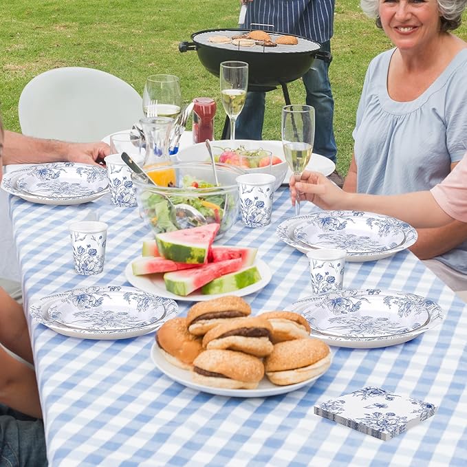 96 Piece Blue and White Floral Disposable Party Supplies Elegant Floral Paper Plates, Cups, and Napkins 9 Inch and 7 Inch Plates Serves 24 Guests for Birthday or Baby Shower