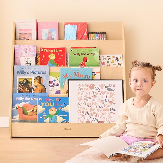 Kids Bookshelf for Toddlers and Babies, Wooden Montessori Bookshelf for Kids Room, Baby Book Shelf with Storage for Nursery, Classroom, Playroom