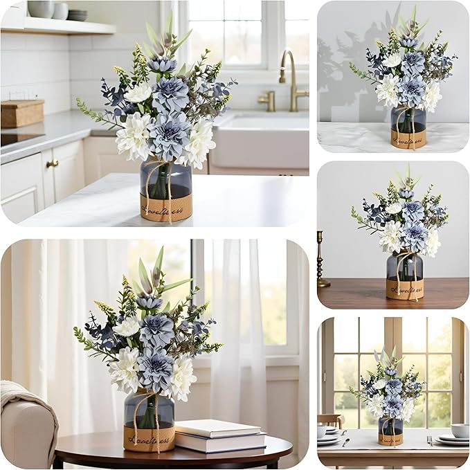 LADADA Fake Flowers in Vase,Silk Dahlias in Vases,Flower Arrangements for Table,Used for Home Office, Bathroom, Kitchen Decoration Et