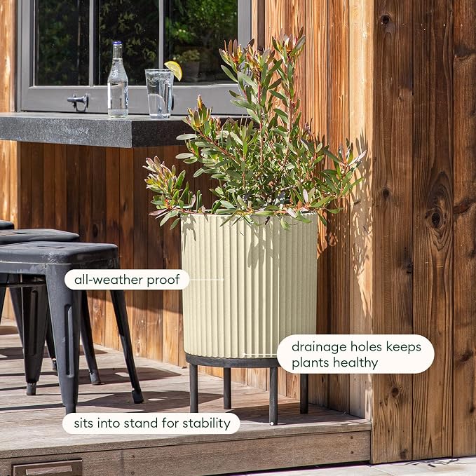 Veradek Demi Series Round Planter w/ Stand for Porch/Patio | Durable Plastic-Concrete & Wooden Stand | Modern Décor for Tall Plants, Flowers