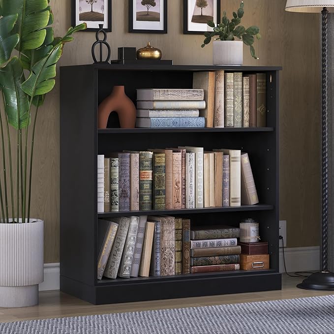 Palace Imports Solid Wood Bookcase - 3 Tier Floor Standing Bookshelf - 36" Short Storage Shelf, 32” W - Black, Display Furniture for Living Space, Renewable 100% Eco-Friendly Wood, Made in Brazil