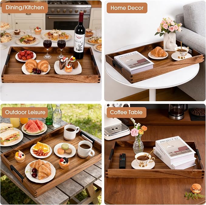Large Ottoman Tray for Living Room and Coffee Table, Decorative Acacia Wood Serving Tray with Metal Handles for Breakfast in Bed, Dinner Food Kitchen TV (Natural, 24" x 15" x 2")