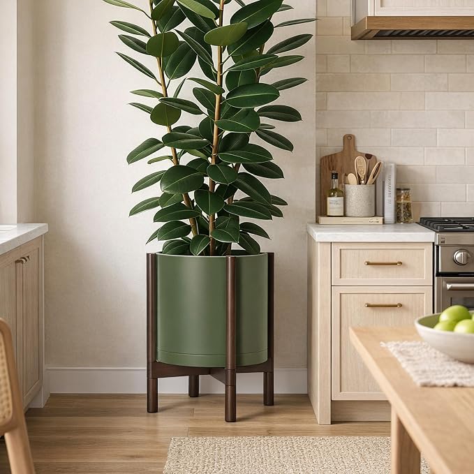 D'vine Dev Planter Pot with Stand - 14 Inch Plastic Cylinder Flower Pot with Wood Planter Holder for Indoor, Olive Pot + Walnut Color Stand, 55-C-R-4