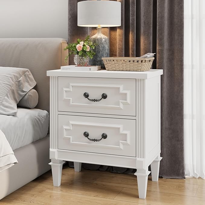 BLANKSPACE Farmhouse White Nightstand wtih Vintage Surface, 26" Tall End Table, Side Table with 2 Drawers Storage Cabinet for Bedroom, Living Room