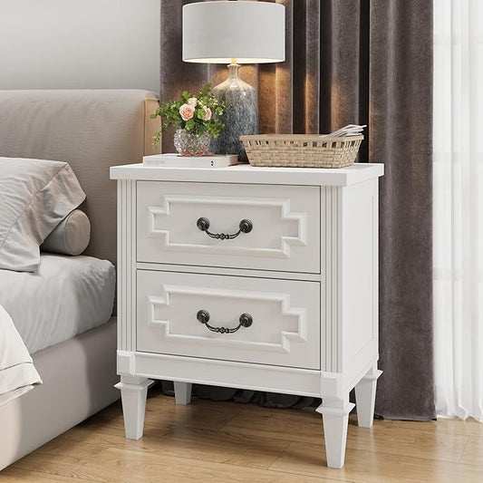 BLANKSPACE Farmhouse White Nightstand wtih Vintage Surface, 26" Tall End Table, Side Table with 2 Drawers Storage Cabinet for Bedroom, Living Room