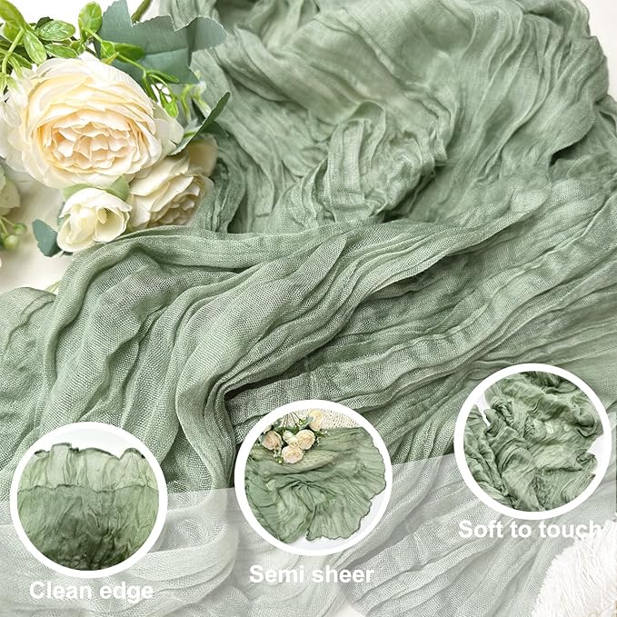 Booque Valley 6 Pack Sage Green Cheesecloth Table Runner 10ft Super Soft Boho Wrinkled Gauze Sheer Cloth for Baby Shower Baptism Birthday Party Wedding Centerpiece Table Decoration, 35x120 Inch