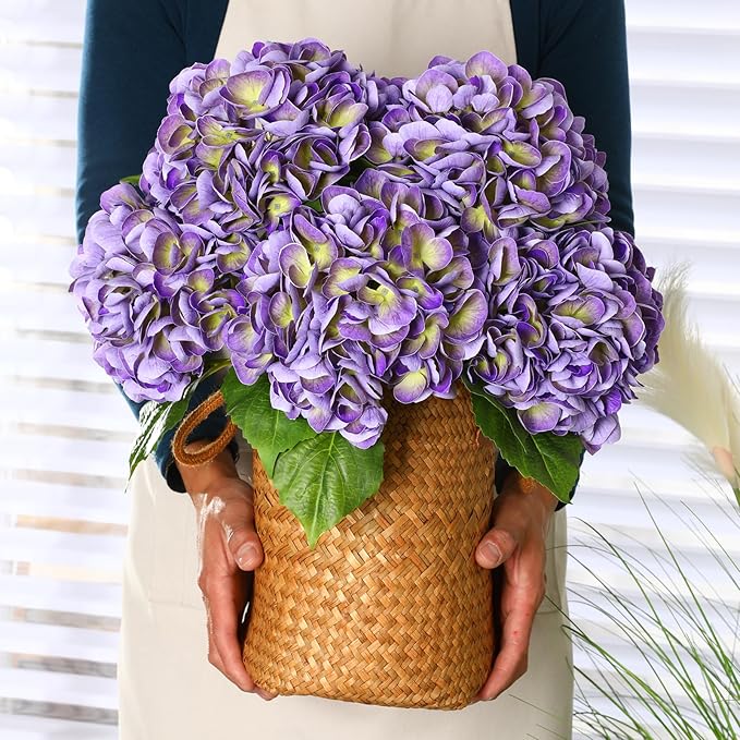 3Pcs Hydrangea Artificial Flowers, 22.44" Real Touch Latex Faux Hydrangea with Long Stems & Leaves for Home Office Decor or Wedding, Party, Centerpieces, Floral Arrangements (Purple)