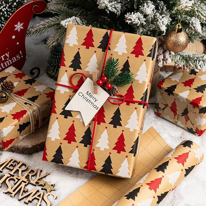 MAYPLUSS Kraft Trees Christmas Wrapping Paper - 17 Inch X 33 Feet - Minimalistic Little Red Black White Trees Kraft Recyclable Winter Holiday Gift Wrap Paper for Party, DIY Crafts & Festive Decoration
