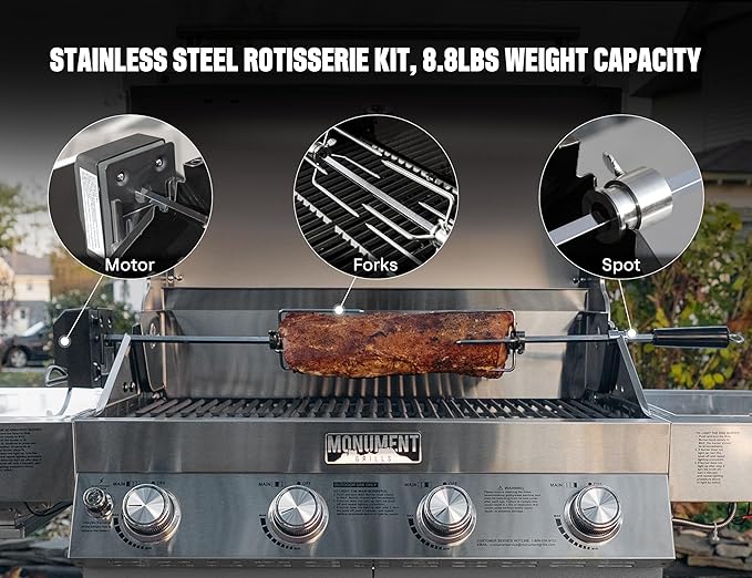 Monument Grills Larger 4-Burner Propane Gas Grills Stainless Steel with Rotisserie Kit(2 Items)