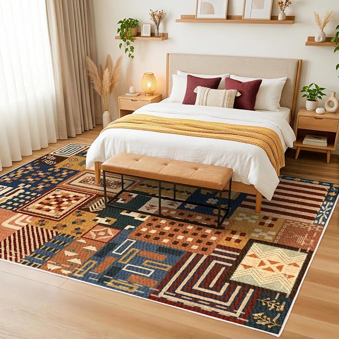 Washable 5x7 Area Rugs for Living Room, Abstract Geometric Tribal Colorful Throw Carpet, Washable Non Slip Low Pile Indoor Rug for Bedroom Dining Room Office Home Hardwood Floor